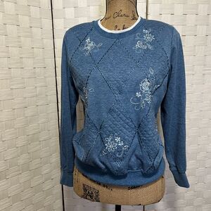 Vintage 90s Blue Grandma Sweatshirt Floral Detail Crew Neck Long Sleeve Sz Small